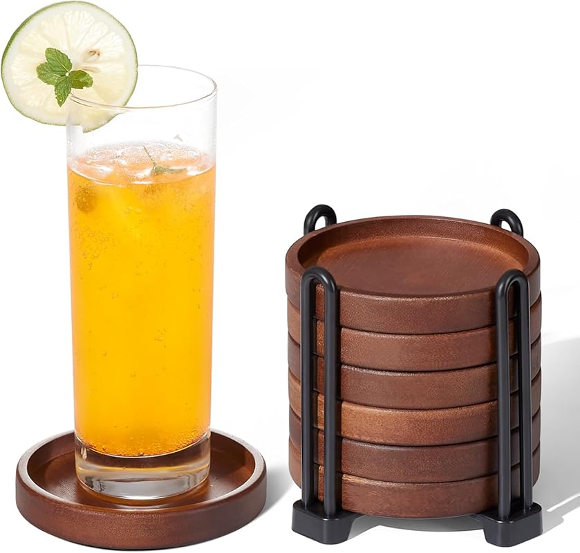 Set of 6 Rustic Wooden Coasters with Holder for Drinks; Modern Coffee