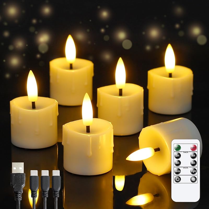 6-Pack Rechargeable Flameless LED Votive Tea Lights, Remote, Timer, Ty