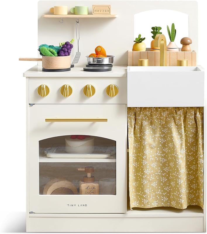 Tiny Land Wooden Play Kitchen for Toddlers: Natural Aesthetic Playset 