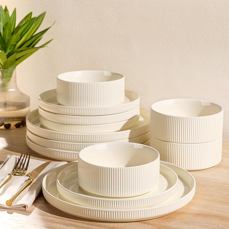TheTerra 12-Piece Porcelain Dinnerware Set for 4, Beige, Scratch Resis