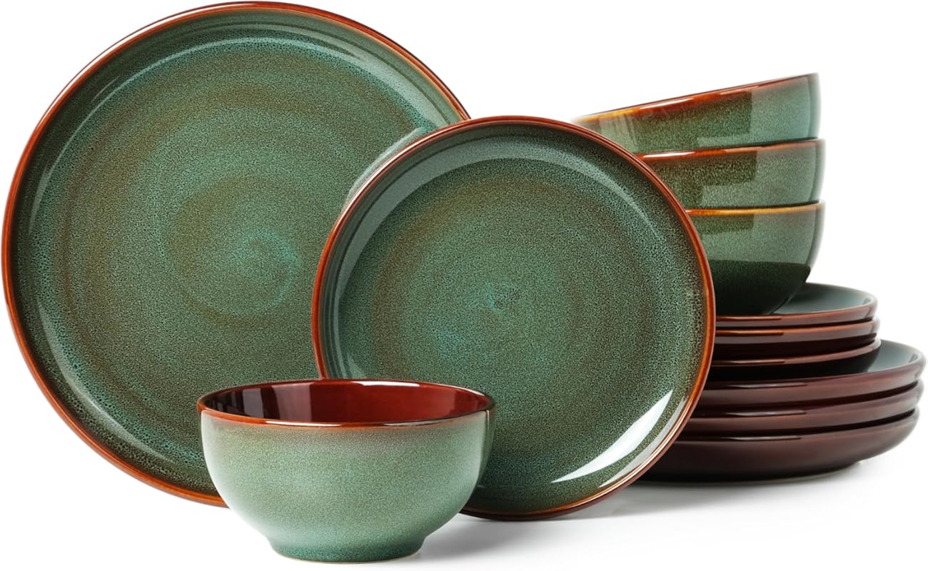 Modern Stoneware Dinnerware Set for 4, Sage Green Ceramic Plates & Bow