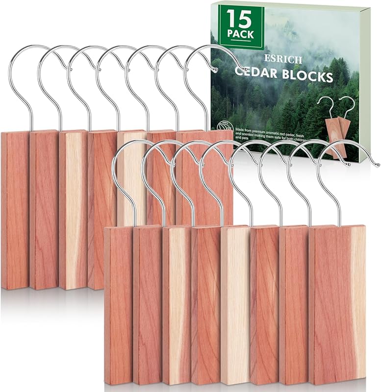 ESRICH 15-Pack Natural Cedar Blocks: Planks with Hooks & Sandpaper for