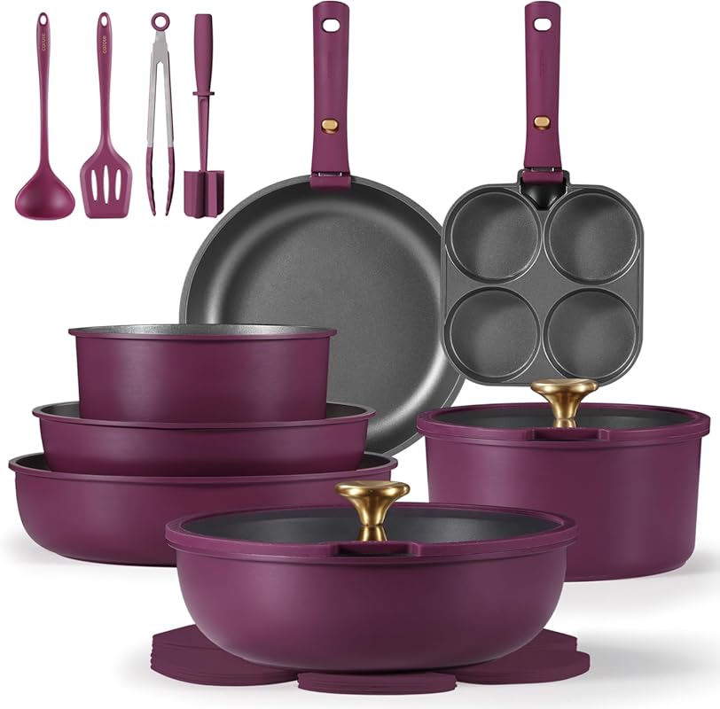 CAROTE 21-Piece Nonstick Cookware Set, Detachable Handles, Induction,