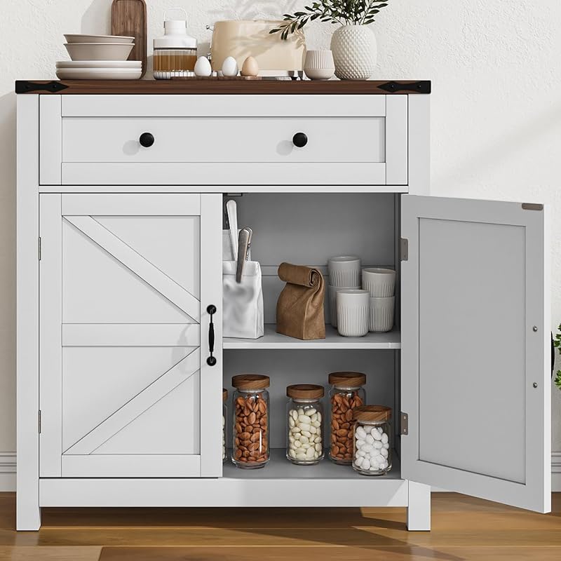 Farmhouse Freestanding Kitchen Storage Cabinet with 2 Doors, White Fin