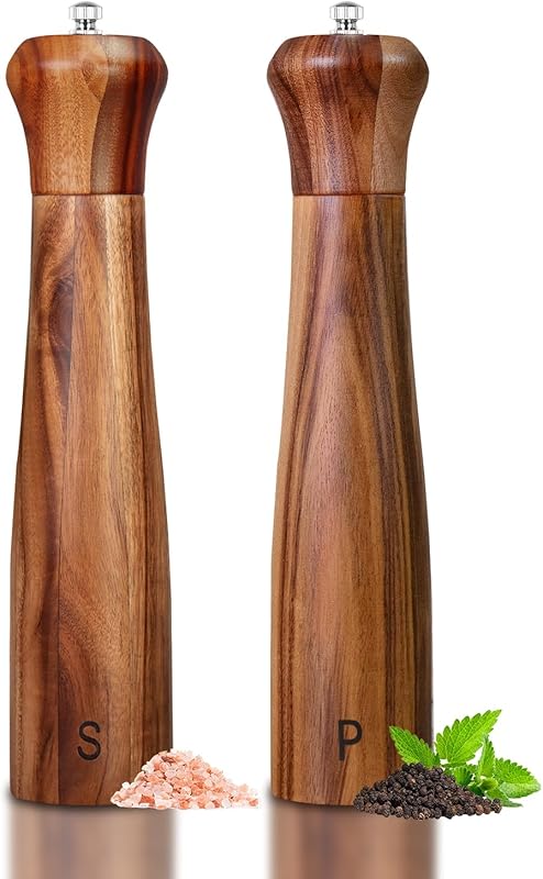Acacia Wood Salt & Pepper Grinder Set, 10-inch Manual, Adjustable Cera