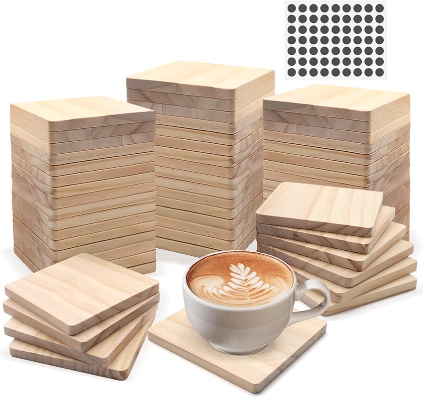 SIJDIEE 60 Pcs Unfinished Square Wood Coasters, 4-Inch Blank Craft Bla