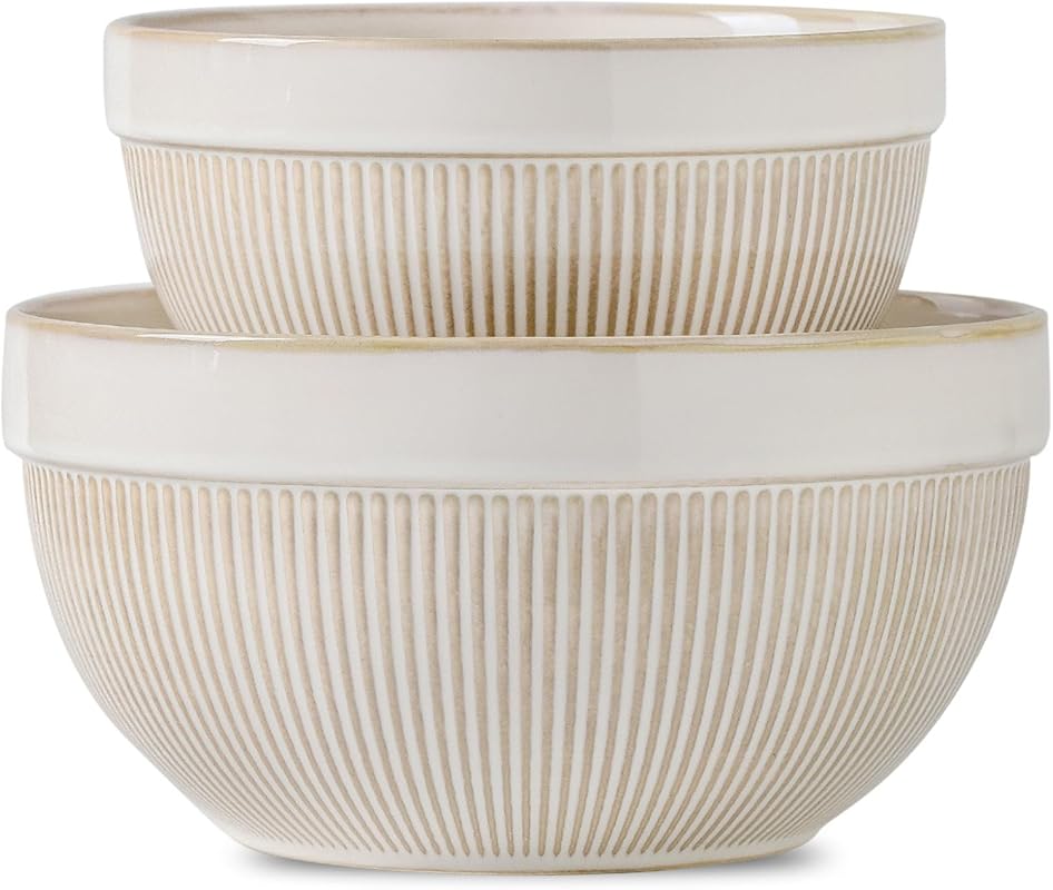 Large Ceramic Glazed Mixing Bowls Set of 2, White Stripe for Cooking,