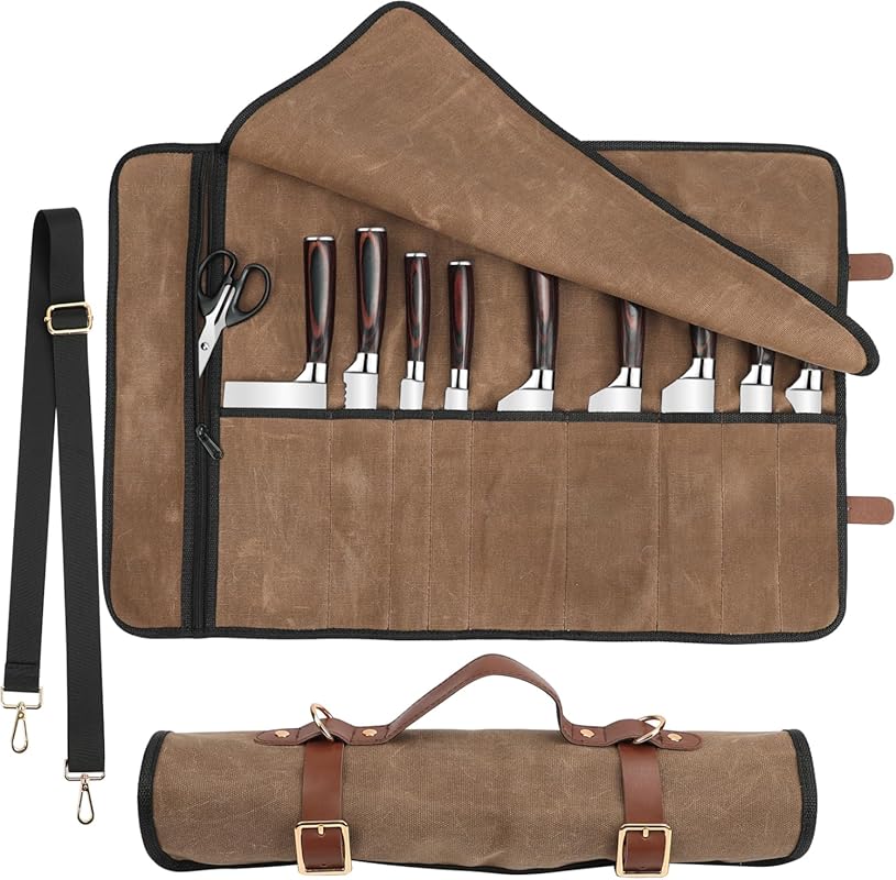 Large Double Layer Waxed Canvas Knife Roll Bag: Leather Straps, Handle