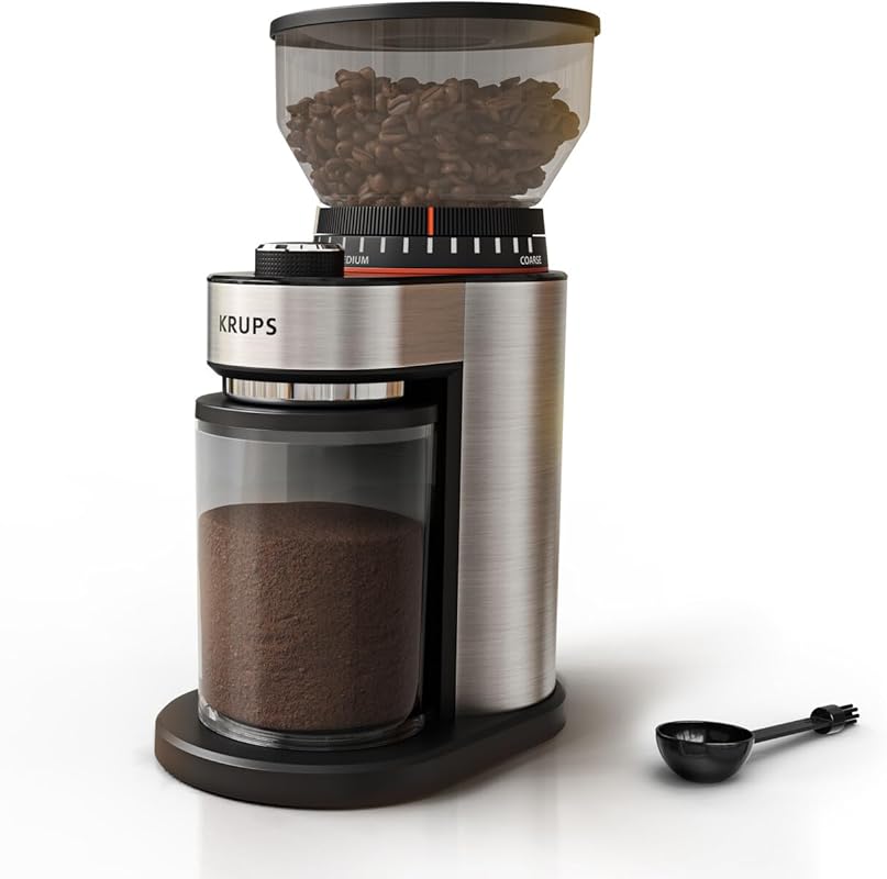 KRUPS Electric Flat Burr Grinder: 18 Settings, Single Touch, 2-20 Cups