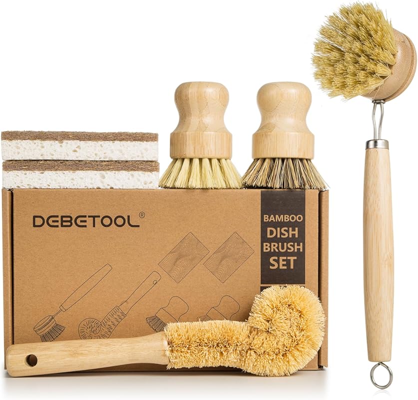 6-Piece Natural Bamboo Dish Brush Set with Coconut Sponge & Sisal Fibe