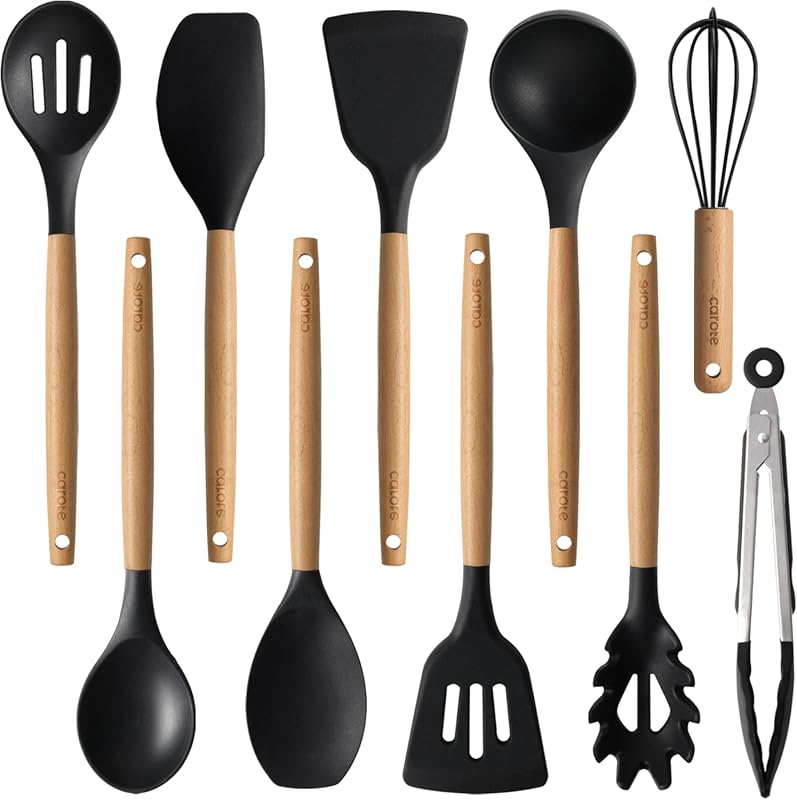 CAROTE 10-Piece Silicone Cooking Utensils Set, Heat Resistant Wooden H