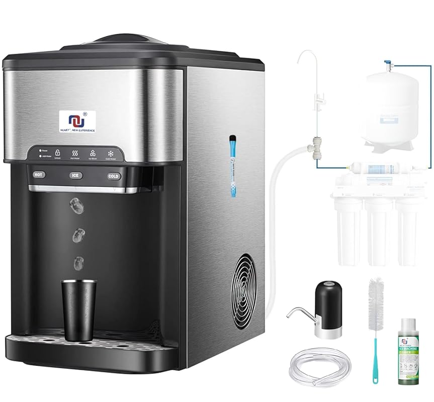 NUNET 3-in-1 Ice Maker Water Dispenser Cooler, Hot/Cold Water, 44lbs D