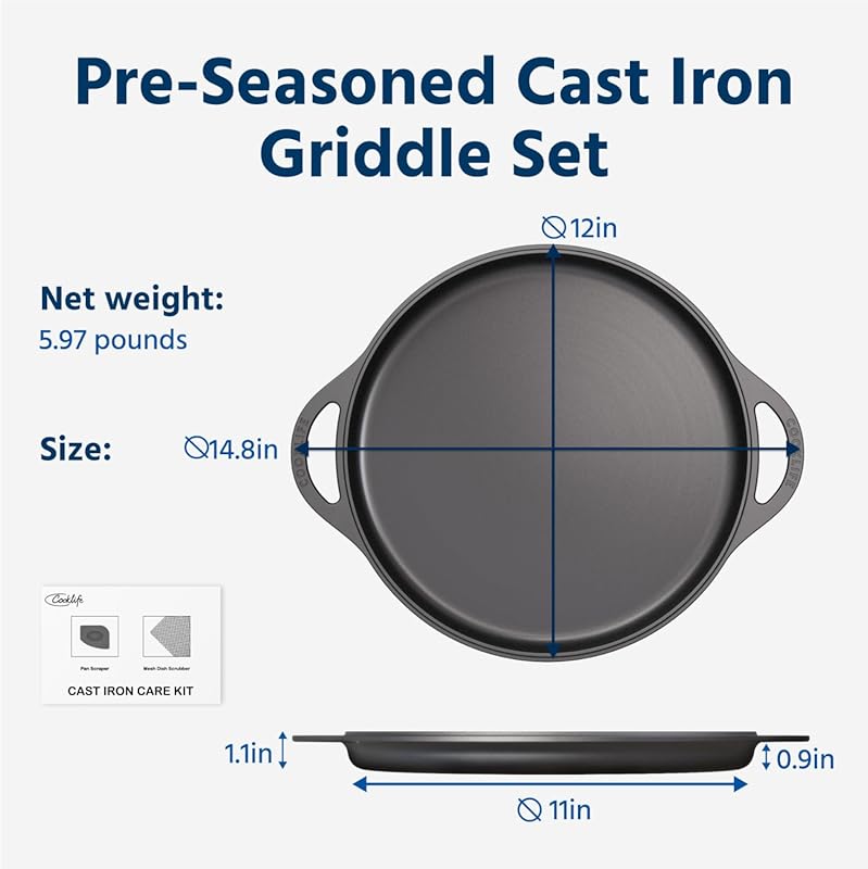 COOKLIFE 12 Inch Lightweight Cast Iron Griddle, Pre-Seasoned, Smooth S