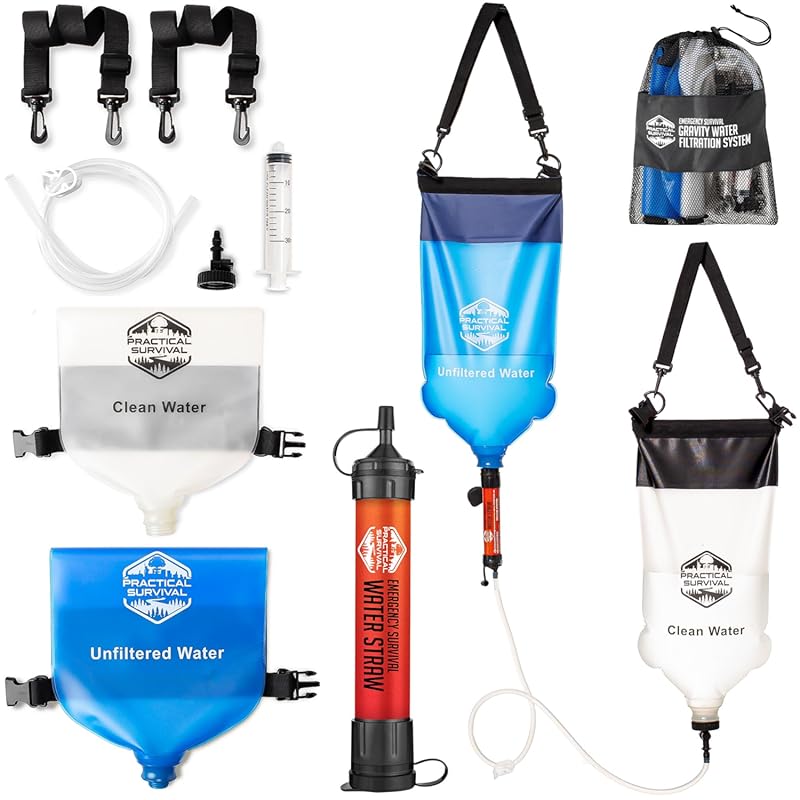 Portable Gravity Water Filter System, 2 High Capacity Hanging Bags for