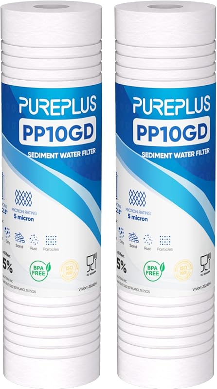 PUREPLUS 5 Micron 10x2.5 Grooved Sediment Whole House Water Filter, RO