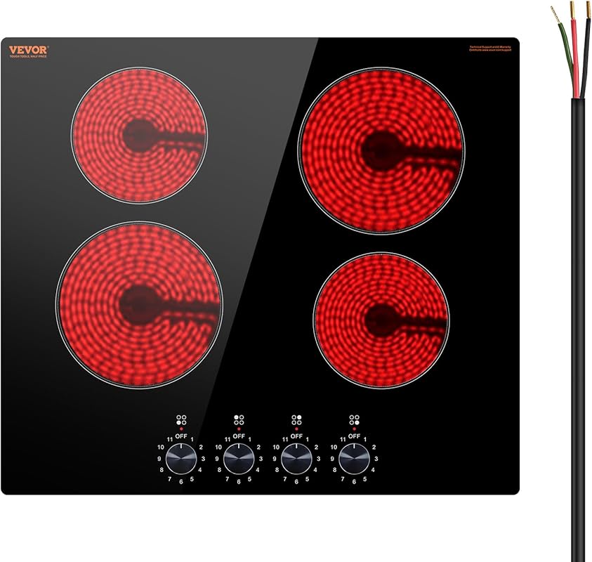 VEVOR 24 Inch Electric Ceramic Cooktop, 4 Burner Built-in Stove Top wi