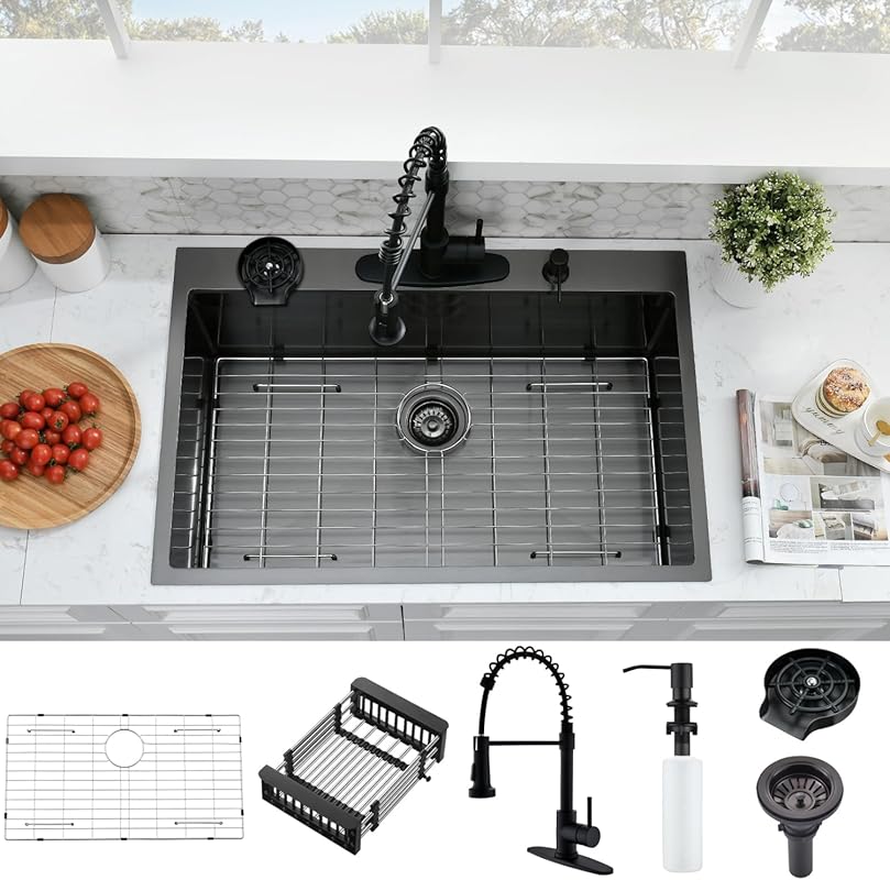 33x22 Drop-In Kitchen Sink & Faucet Combo Set, Black Stainless Steel S