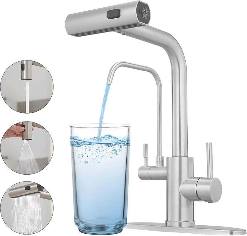 Brushed Waterfall Kitchen Faucet: Two Handles, Pull Down Sprayer, Filt