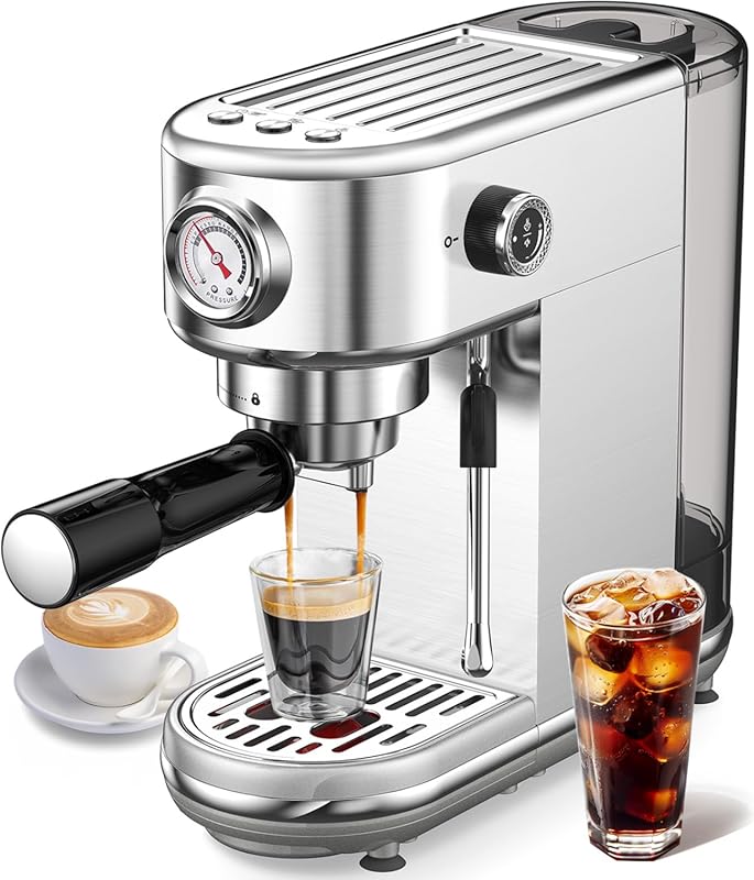 Compact Stainless Steel Espresso Machine with 20 Bar Pressure, Milk Fr