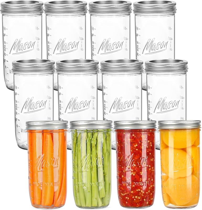 Wide Mouth 24oz Glass Mason Jars with Metal Airtight Lids & Bands, 12-