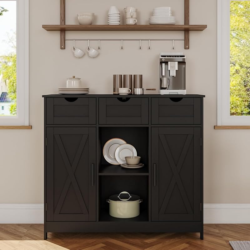 Black Coffee Bar Cabinet with 2 Adjustable Shelves, 3 Drawers, and 2 D