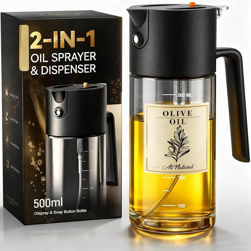 Large 500ml 2-in-1 Glass Olive Oil Sprayer & Dispenser for Cooking, Ai