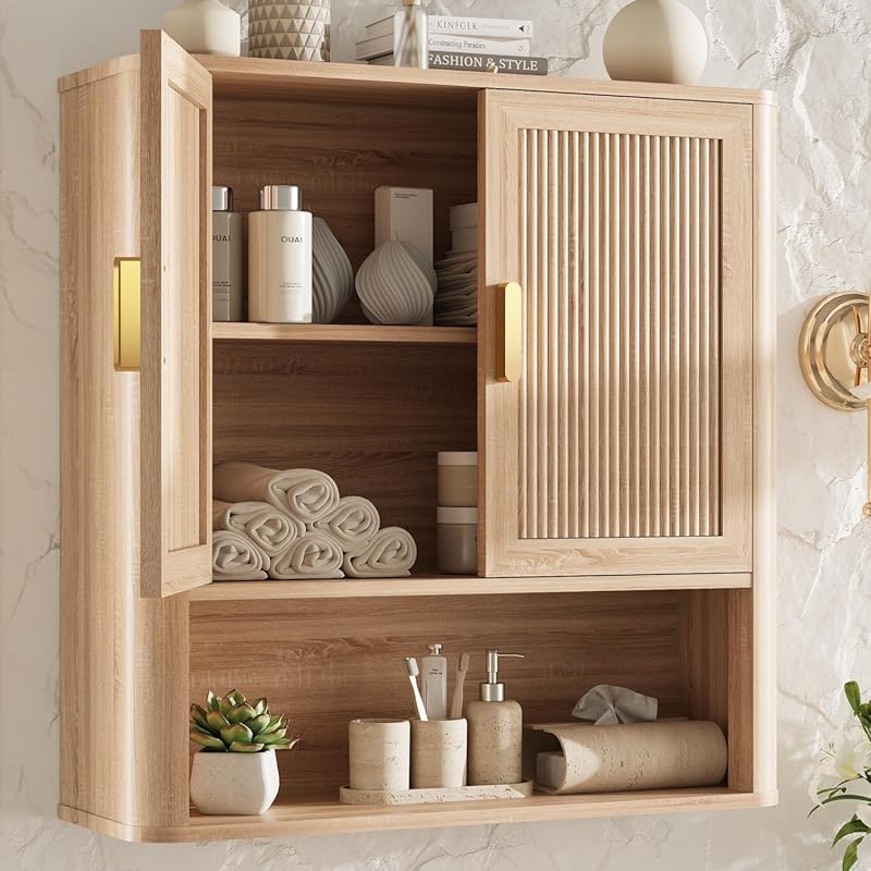 Natural Oak Wall Mount Medicine Cabinet with Adjustable Shelf & Doors
