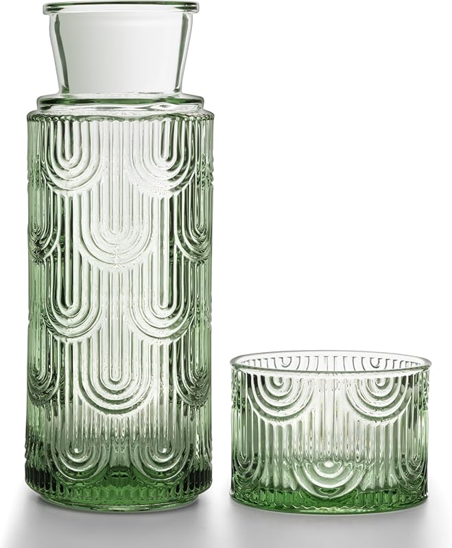 Green Bedside Water Carafe & Glass Set, 21.6 oz Pitcher with 6 oz Tumb