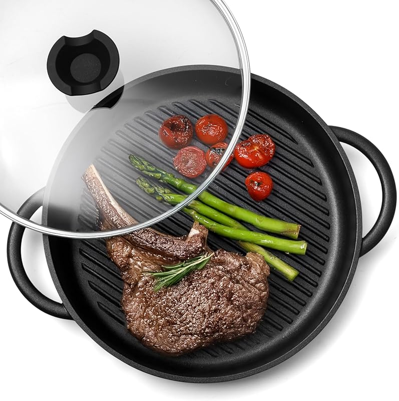 Moss & Stone 12 Inch Nonstick Cast Aluminum Grill Pan with Lid, Induct
