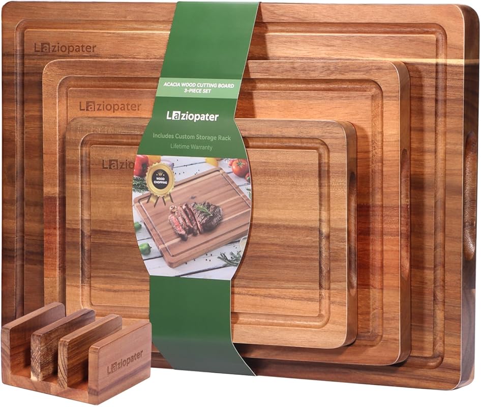 Durable Acacia Wood Cutting Board Set of 3 with Holder, Deep Juice Gro