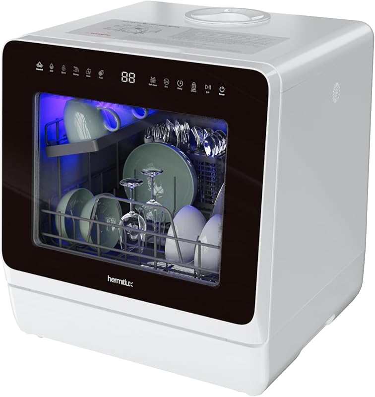 Hermitlux Portable Countertop Dishwasher, 7 Programs, 5L Built-in Tank