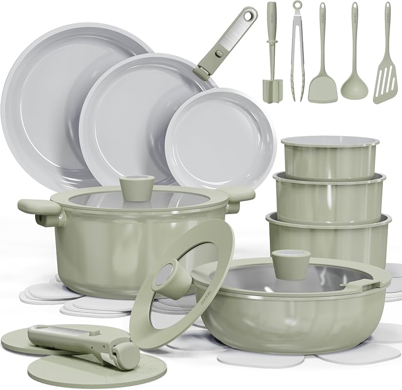 CAROTE 27-Piece Ceramic Nonstick Cookware Set, Detachable Handles, Non