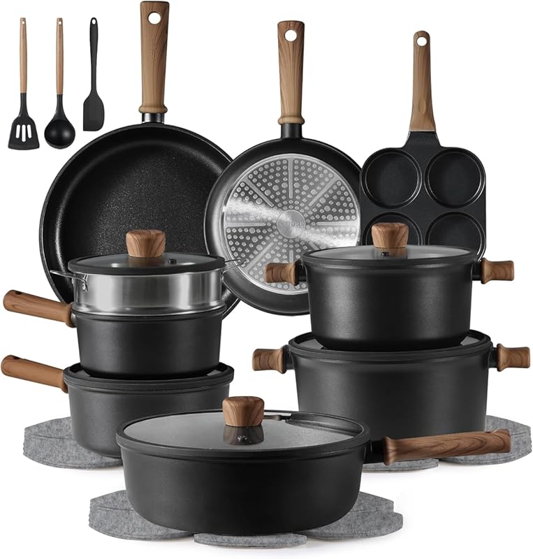 CAROTE 24-Piece Nonstick Titanium Cookware Set, Black Induction Pots a