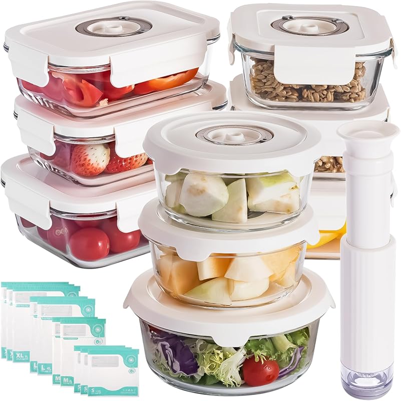 Glass Vacuum Sealable Container Set, 9 Pieces & 6 Sizes with Hand Pump