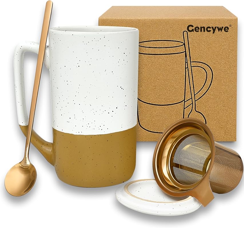 16 oz Large Ceramic Tea Cup with Infuser, Spoon & Lid, Rustic Amber Gl