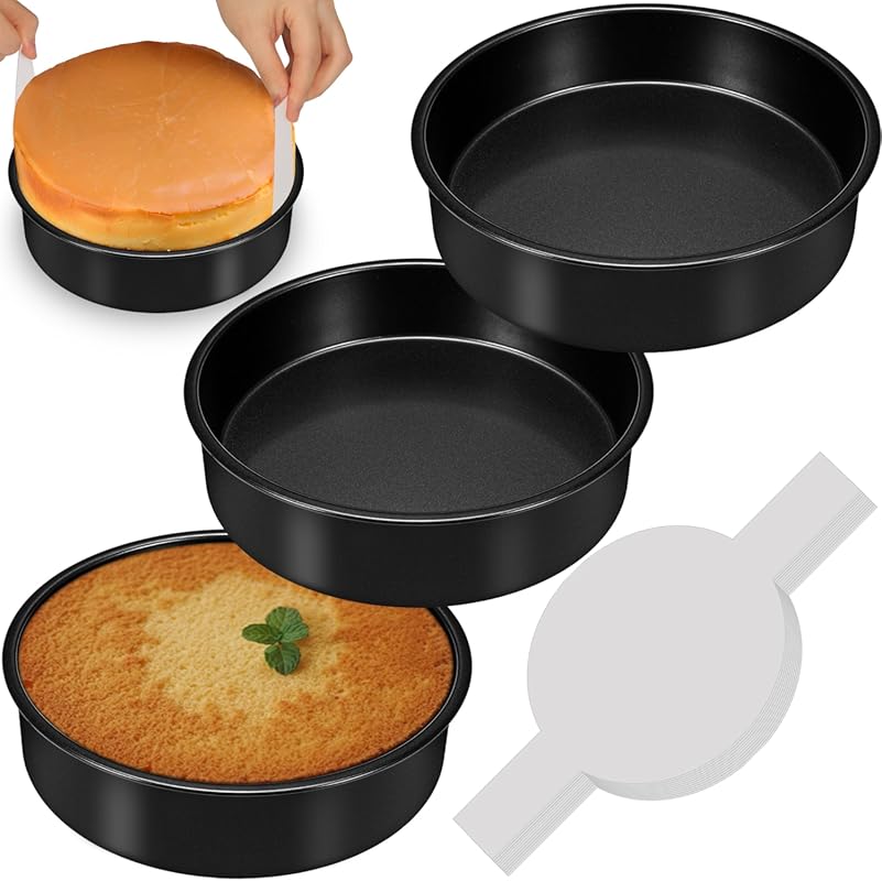 8 Inch Nonstick Cake Pan Set (3-Piece) with 100 Parchment Paper for La