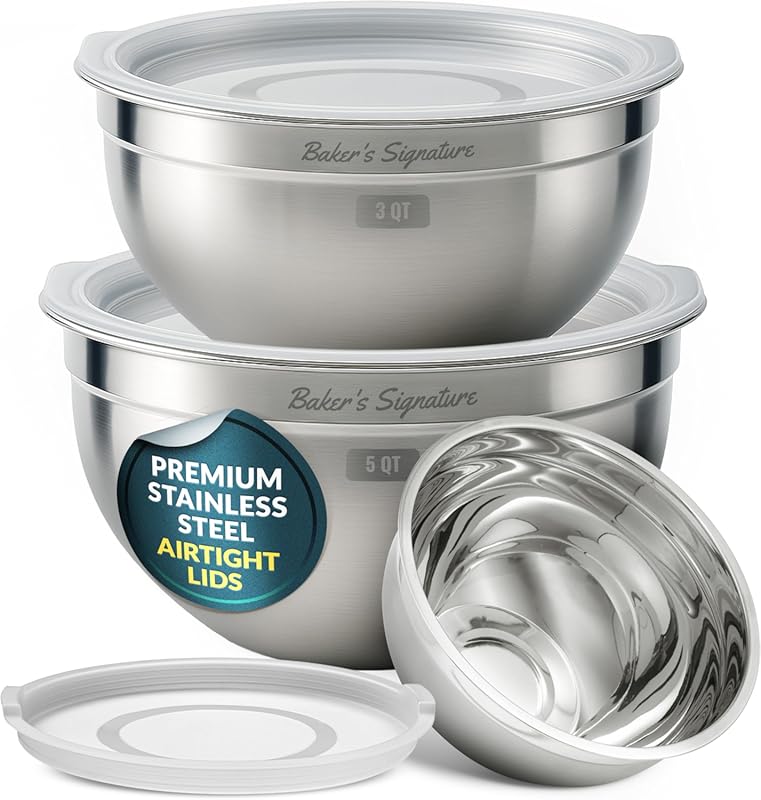 Baker's Signature 3-Piece Stainless Steel Mixing Bowls with Lids, Nest