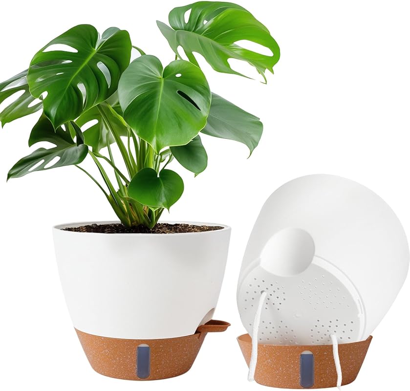 White 2 Pack 10 Inch Self-Watering Plastic Planters with Drainage, Dee
