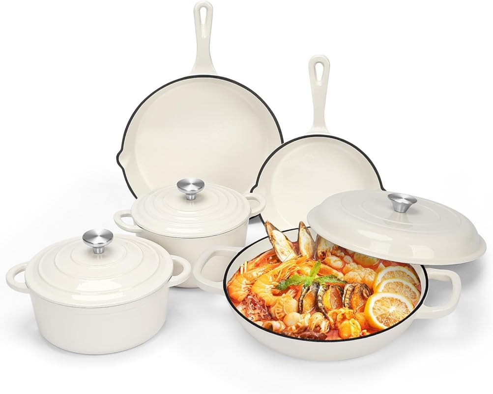 8-Piece Nonstick Enameled Cast Iron Cookware Set with Lids, Frying Pan