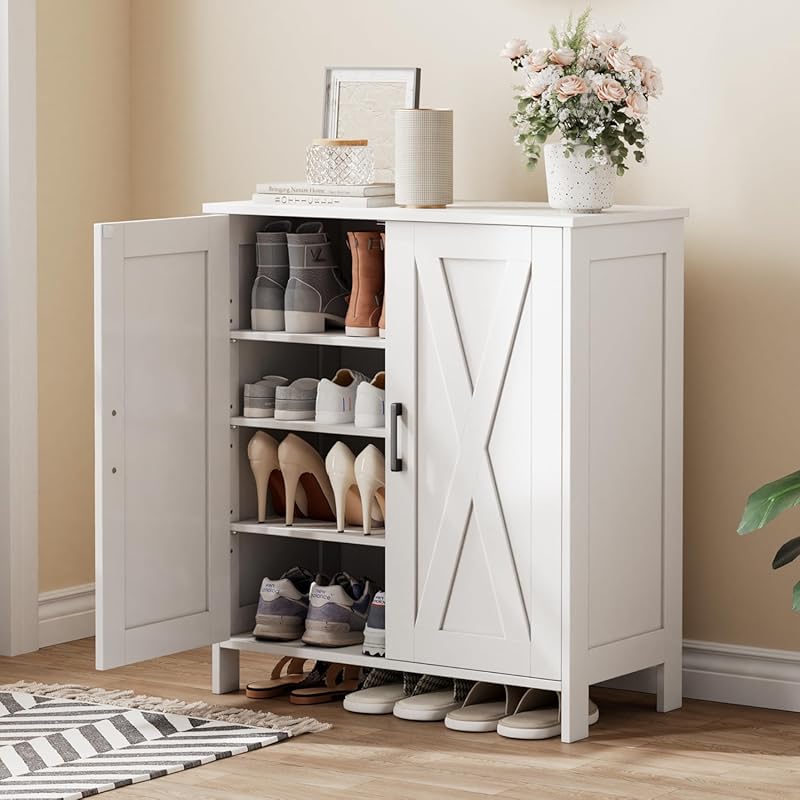 Farmhouse Shoe Cabinet with 2 Barn Doors, 5-Tier Storage, Adjustable S