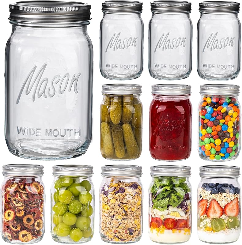 WELLIFE Wide Mouth 32oz Quart Glass Mason Jars, 12-Pack for Canning, P