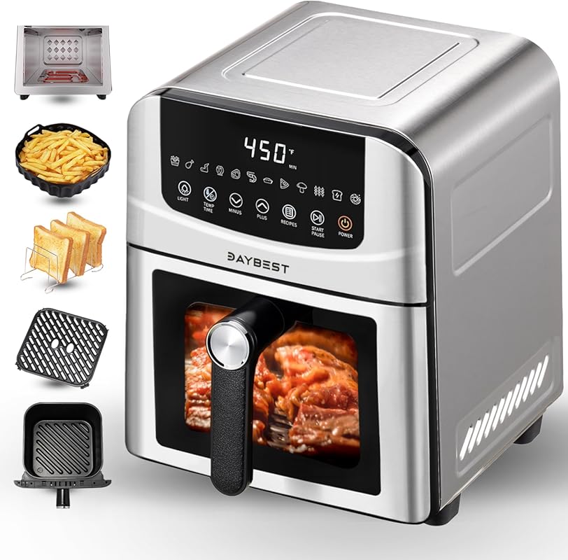 DAYBEST 6QT Stainless Steel 12-in-1 Air Fryer with Visible Teflon-Free