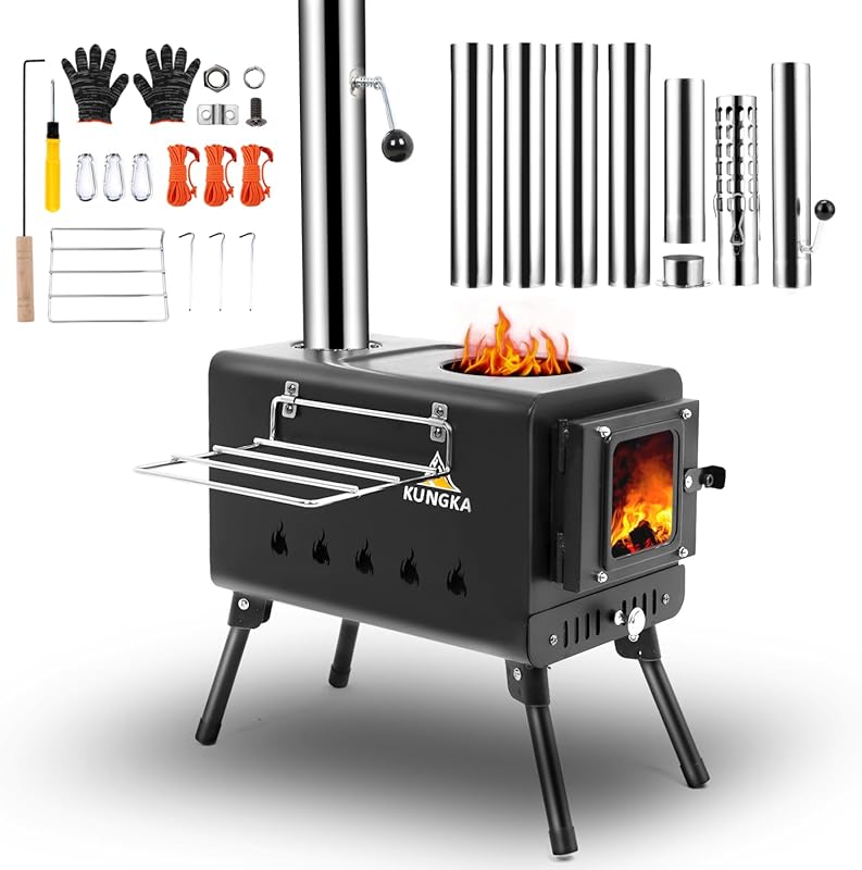 Black Portable Wood Burning Hot Tent Stove with 7-Section Stainless Ch