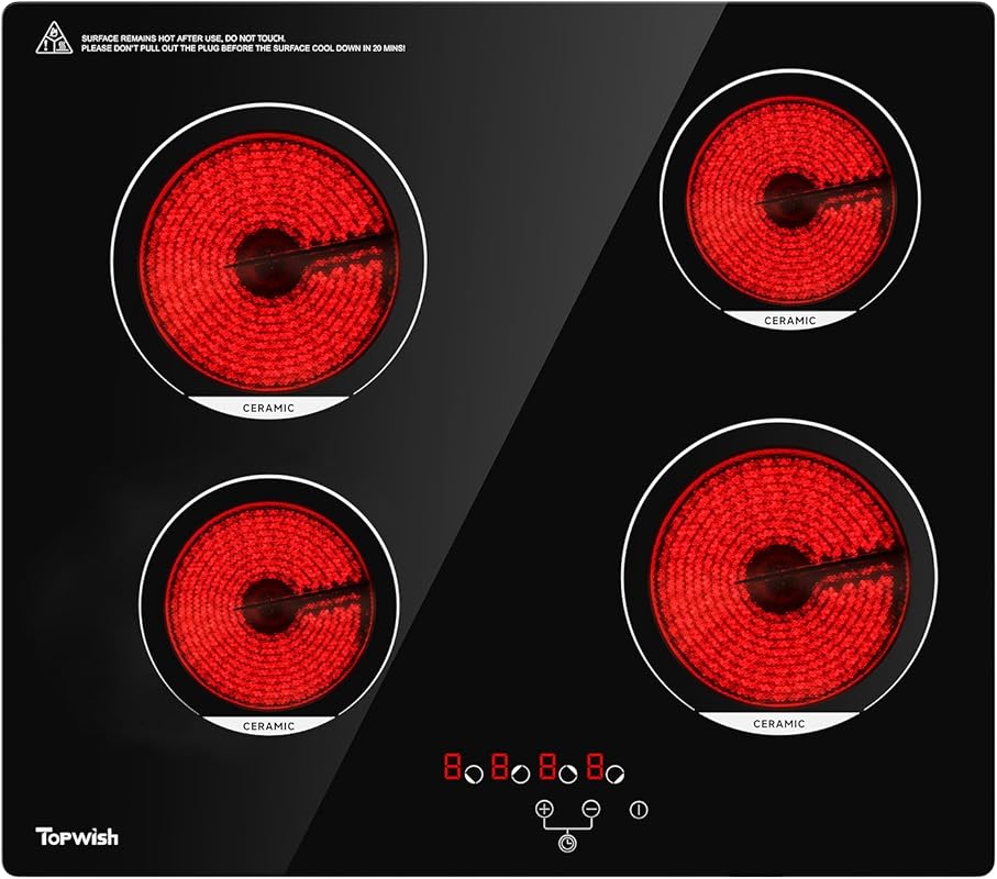 24 Inch 4 Burner Built-in Electric Cooktop, 6000W Ceramic Stove, Touch