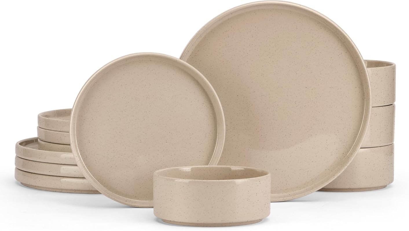E-far 12-Piece Stoneware Dinnerware Set for 4, Chip & Scratch Resistan