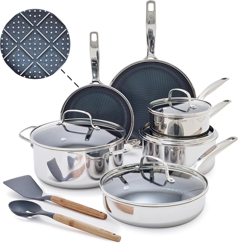 Blue Diamond Hybrid 12-Piece Nonstick Cookware Set, Tri-Ply Stainless