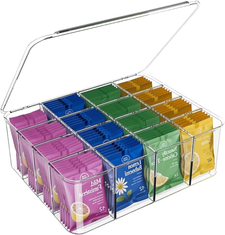 Extra Large Acrylic Tea Bag Organizer with Lid – Storage Caddy for 16 
