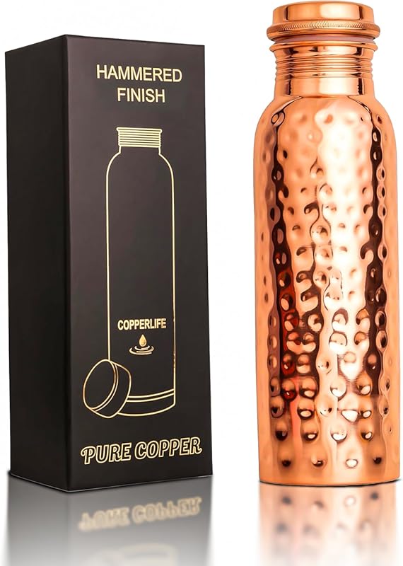 Pure Copper Water Bottle, 34 Ounces, Handmade Hammered Design, Ayurved