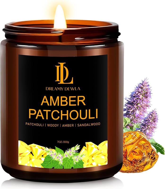 Amber Patchouli Scented Soy Candle, 7oz 50 Hour Burn, Home Decor & Mot