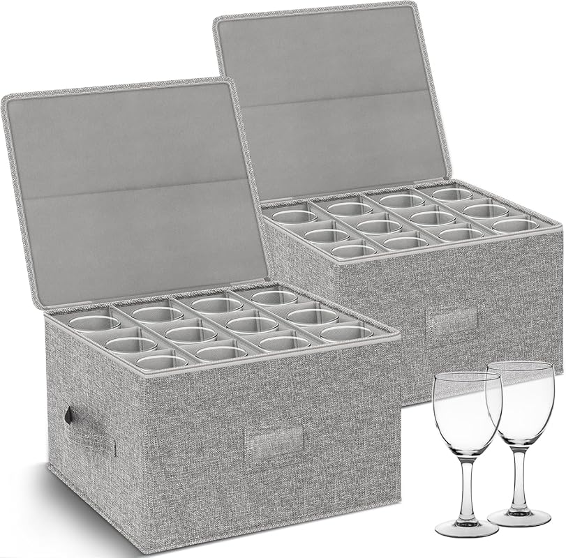 2-Pack Stackable Hard Shell Wine Glass Storage Boxes for 24 Crystal St